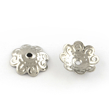 8-Petal Flower Smooth Surface 201 Stainless Steel Bead Caps, Stainless Steel Color, 10x3mm, Hole: 1mm