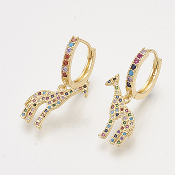 Brass Cubic Zirconia Dangle Hoop Earrings, Giraffe, Colorful, Golden, 29mm, Pin: 1mm