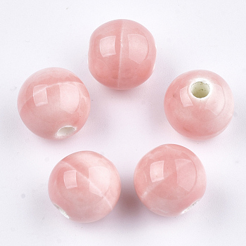 Handmade Porcelain Beads, Bright Glazed Porcelain, Round, Pink, 8~8.5x7.5~8mm, Hole: 1.5~2mm
