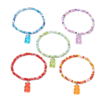 Glass Seed Beaded Stretch Bracelets, Resin Bear Charm Bracelets, Mixed Color, Inner Diameter: 2-1/8 inch(5.3cm), 1pc/color, 5pcs/set