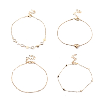 4Pcs 4 Style Alloy Chain Anklets Set with Heart, Clear Cubic Zirconia Flat Round Link Anklets for Women, Light Gold, 8.46~9.84 inch(21.5~25cm)