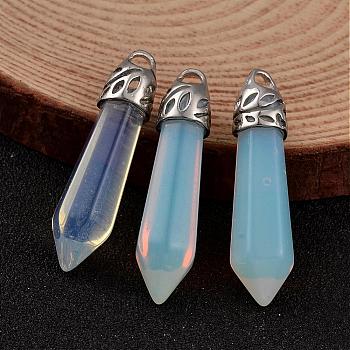 Bullet Opalite Pendants, with Platinum Tone Alloy Findings, 33~40x8~10mm, Hole: 3x2mm