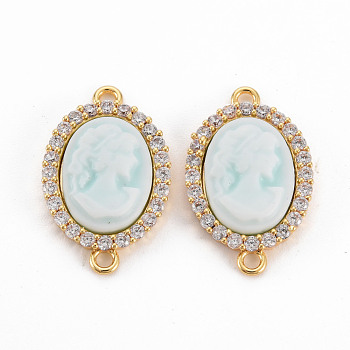 Brass Clear Cubic Zirconia Links Connectors, with Resin, Nickel Free, Oval with Woman, Real 18K Gold Plated, Pale Turquoise, 22x14x4mm, Hole: 1.5mm