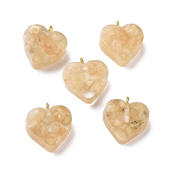 Transparent Resin Natural Yellow Quartz Dyed Chips Pendants, with Golden Tone Brass Loops, Heart Charm, Wheat, 16.5x15.5x6~6.5mm, Hole: 2mm
