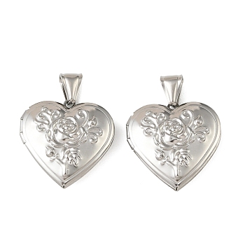 316 Stainless Steel Locket Pendants, Heart with Flower Charm, with 304 Stainless Steel Snap on Bails, Stainless Steel Color, 29x29x8mm, Hole: 8x4mm, Inner Diameter: 20x21.5mm