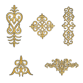 10Pcs 5 Style Polyester Computerized Embroidery Iron on/Sew on Patches, Ethnic Style Metallic Thread Embroidery Appliques, with Adhesive Back, Gold, 77~147.5x20~115x1~1.5mm, 2pcs/style
