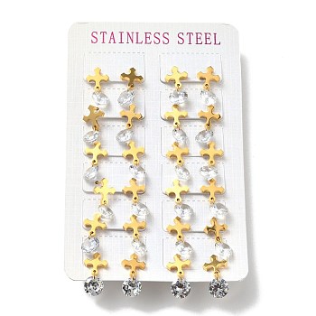 Clear Cubic Zirconia Cross Dangle Stud Earrings, 304 Stainless Steel Jewelry for Women, Golden, 20x10mm, Pin: 0.7mm