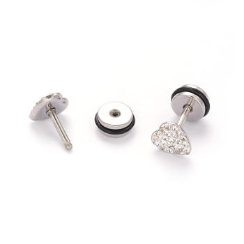 304 Stainless Steel Heart Earlobe Plugs, Screw Back Earrings, with Polymer Clay Rhinestone, Stainless Steel Color, 7x7mm, Pin: 1mm