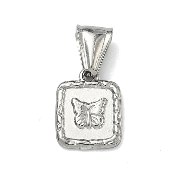 Textured 304 Stainless Steel Pendants, Square with Butterfly Charm, Stainless Steel Color, 15.5x12x2mm, Hole: 4x9mm