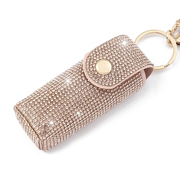 PU Leather & Rhinestones Lipstick Storage Bags, Portable Lip Balm Organizer Holder for Women Ladies, with Light Gold Tone Alloy Keychain, Rectangle, Tan, Bag: 15.5x2.7cm
