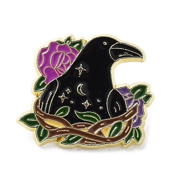 Crow & Flower Enamel Pins, Light Gold Alloy Brooch for Backpack Clothes, Medium Orchid, 24x28x1.5mm