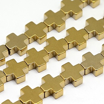 Electroplate Non-magnetic Synthetic Hematite Beads Strands, Cross, Golden Plated, 10x10x4mm, Hole: 1mm, about: 39pcs/strand, 15.7 inch