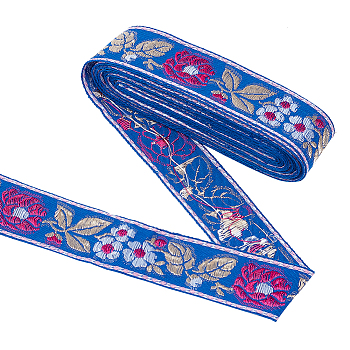 Ethnic Style Embroidery Polyester Ribbons, Jacquard Ribbon, Garment Accessories, Flower & Leaf Pattern, Royal Blue, 1-1/4 inch(32mm), about 5.47 Yards(5m)/Bundle