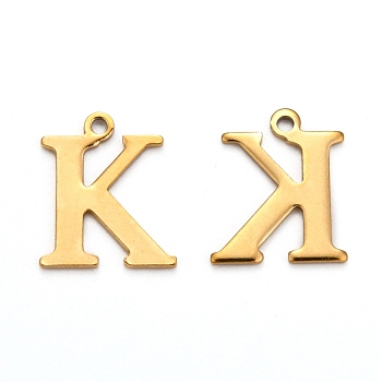 Ion Plating(IP) 304 Stainless Steel Alphabet Charms, Golden, Letter.K, 12x10x1mm, Hole: 1mm