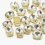 Sew on Rhinestone, Multi-strand Links, Glass Rhinestone, with Brass Prong Settings, Garments Accessories, Faceted, Oval, Golden, Crystal, 14x10x6.5mm, Hole: 1mm(RGLA-T091-10x14mm-01G)