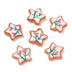 Handmade Porcelain Beads, Hand Painted Ceramic Beads, Star with Flower, with Enamel, Pale Violet Red, 16~17x16~17x5~6mm, Hole: 1.6~1.8mm(PORC-C008-05A)