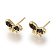 Rack Plating Brass Micro Pave Cubic Zirconia Stud Earring, Long-Lasting Plated, Cadmium Free & Lead Free, Butterfly, Black, Real 18K Gold Plated, 7x11.5mm(EJEW-C101-11G)