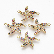 Brass Micro Pave Cubic ZirconiaLinks connectors, Starfish/Sea Stars, Colorful, Golden, 25x19.5x2.5mm, Hole: 1.2mm(ZIRC-T012-96G)
