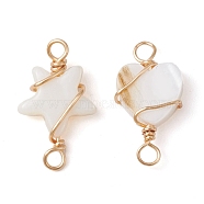2Pcs 2 Styles Natural Freshwater Shell Copper Wire Wrapped Connector Charms, Light Gold, Star & Heart Links, WhiteSmoke, 17.5~18x9~10.5x2.5~3mm, Hole: 2~2.5mm, 1pc/style(PALLOY-JF02439)