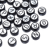 Opaque Black Acrylic Beads,  Flat Round with Random Letter, White, 7x4mm, Hole: 1.5mm, about 3900pcs/500g(MACR-N012-19)