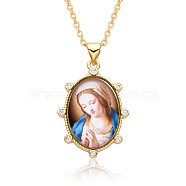 Religion Theme Resin Oval with Rhinestone Pendant Necklace, Golden Brass Necklace, Peru, 19.69 inch(50cm)(WG77343-04)