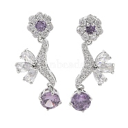 Brass Pave Cubic Zirconia Flower Stud Earrings for Women, Platinum, Medium Purple, 30x12mm(EJEW-I304-23P-07)