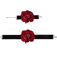 Gothic Cloth Flower Cord Bracelet & Choker Necklace, Velvet Jewelry Set for Women, Dark Red, 7~7-3/8 inch(17.7~18.7cm), 
13.31~13.46 inch(33.8~34.2cm), 2Pcs/set(NJEW-CP0001-04B)
