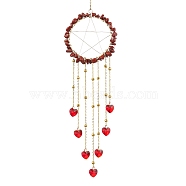 Wire Wrapped Natural Red Jasper Chips Ring Hanging Ornaments, Glass Heart Tassel Suncatchers for Indoor Window Patio Garden Decorations, 314mm(HJEW-JM02371-01)