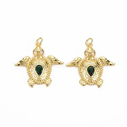 Brass Micro Pave Clear & Green Cubic Zirconia Pendants, Nickel Free, Tortoise, Real 18K Gold Plated, 25.5x26.5x3.5mm, Hole: 3mm(ZIRC-S067-245)