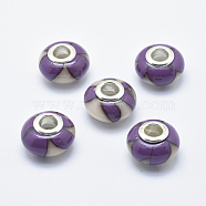 Handmade Polymer Clay European Beads, Large Hole Beads, Rondelle with Flower Pattern, Blue Violet, 13~16x8~11mm, Hole: 4.5~5mm(CLAY-K002-K04)