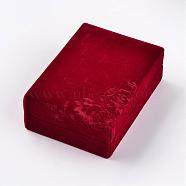 Rectangle Velvet Necklace Boxes, Jewelry Boxes, Flower Pattern, Red, 10.1x7.1x3.6cm(VBOX-D003-01)