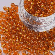 6/0 Glass Seed Beads, Silver Lined Round Hole, Round, Orange Red, 4mm, Hole: 1.5mm, about 6639 pcs/pound(SEED-A005-4mm-29)