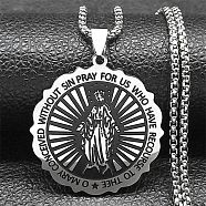 304 Stainless Steel Flat Round Virgin Mary Pendant Box Chain Necklaces, Stainless Steel Color, 19.69 inch(50cm)(STAS-D196-02P)