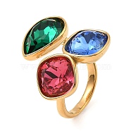 Teardrop & Square Glass Open Cuff Rings, Real 18K Gold Plated 304 Stainless Steel Ring, Colorful, US Size 7 1/4(17.5mm)(RJEW-G289-01G-06)