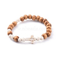 Stretch Bracelets, with Wood Beads and Synthetic Turquoise Beads, Cross, White, 2-1/8 inch(5.5cm)(X-BJEW-JB04620-04)