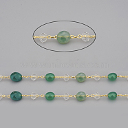3.28 Feet Handmade Natural Green Agate Beaded Chains, with Rondelle Glass Beads and Golden Brass Cable Chains, Long-Lasting Plated, Unwelded, Nuggets, Link: 2x1.5x0.3mm, Gemstone Beads: 6~12x6~6.5x4~4.5mm, Glass Beads: 4x3mm(X-CHC-I031-11G)