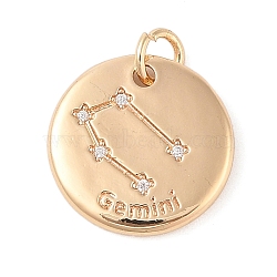 Brass with Clear Cubic Zirconia Pendants, with Jump Rings, Flat Round, Gemini, 15.5x2mm, Hole: 3.5mm(KK-N256-24C-G)