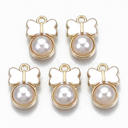 Alloy Enamel Charms, with ABS Plastic Imitation Pearl, Bowknot, Light Gold, White, 15x10x4mm, Hole: 1.2mm(X-ENAM-S121-058)