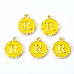 Golden Plated Alloy Enamel Charms, Enamelled Sequins, Flat Round with Letter, Gold, Letter.R, 14x12x2mm, Hole: 1.5mm(ENAM-S118-09R)