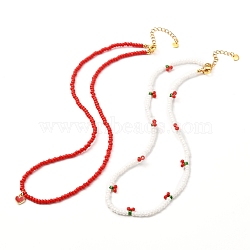 Red & White Glass Seed Beaded Necklaces Sets, with Heart Alloy Enamel Charms & Chain Extender, Golden, Mixed Color, 16.54 inch(42cm), 14.57 inch(37cm), 2pcs/set(X-NJEW-JN03719)