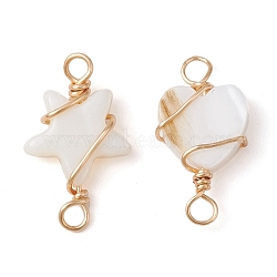 2Pcs 2 Styles Natural Freshwater Shell Copper Wire Wrapped Connector Charms, Light Gold, Star & Heart Links, WhiteSmoke, 17.5~18x9~10.5x2.5~3mm, Hole: 2~2.5mm, 1pc/style(PALLOY-JF02439)