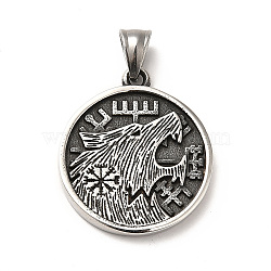 304 Stainless Steel Pendants, Flat Round with Wolf, Antique Silver, 33.5x29x4mm, Hole: 5x7mm(STAS-F281-03AS)