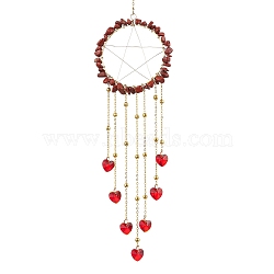 Wire Wrapped Natural Red Jasper Chips Ring Hanging Ornaments, Glass Heart Tassel Suncatchers for Indoor Window Patio Garden Decorations, 314mm(HJEW-JM02371-01)