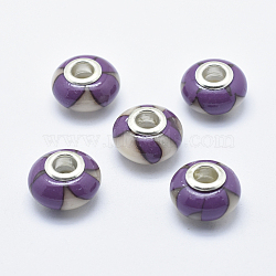 Handmade Polymer Clay European Beads, with Silver Color Plated Brass Cores, Large Hole Beads, Rondelle with Flower Pattern, Blue Violet, 13~16x8~11mm, Hole: 4.5~5mm(CLAY-K002-K04)