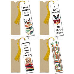 4 Patterns Rectangle Waterproof Acrylic Bookmarks Set, with Polyester Tassel Decorations and Paper Bags, Mixed Color, Bookmark: 120x28mm, 4pcs/set(DIY-GL0004-50A)