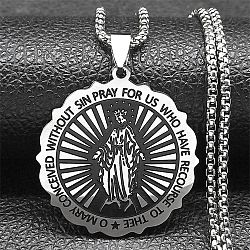 304 Stainless Steel Flat Round Virgin Mary Pendant Box Chain Necklaces, Stainless Steel Color, 19.69 inch(50cm)(STAS-D196-02P)