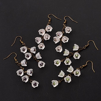 Glass Flower Beads Dangle Earrings, with Acrylic and Antique Bronze Plated Metal Findings, Mixed Color, 65x19mm, Pin: 0.6mm