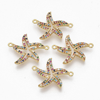 Brass Micro Pave Cubic ZirconiaLinks connectors, Starfish/Sea Stars, Colorful, Golden, 25x19.5x2.5mm, Hole: 1.2mm