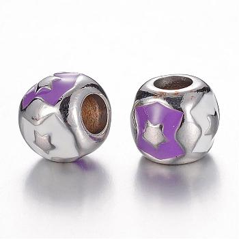 304 Stainless Steel Enamel European Beads, Rondelle, Stainless Steel Color, Dark Orchid, 11x9.5mm, Hole: 5mm