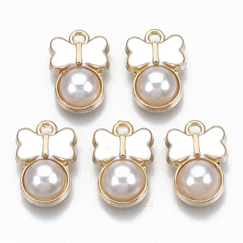 Alloy Enamel Charms, with ABS Plastic Imitation Pearl, Bowknot, Light Gold, White, 15x10x4mm, Hole: 1.2mm